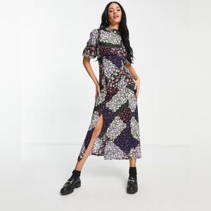 Violet Romance Puff Sleeve Midi Dress in Patchwork Floral Print